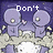 Pixelated animation of two purple creatures with large eyes holding hands against a dark blue background with white speckles, displaying sequential text.