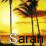 Animated sequence showing the name 'Sarah' with varying letter opacity against a yellow background featuring vertical stripes and blurred figures.
