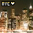 Pixelated cityscape at night with illuminated buildings and 'NYC' text above, featuring animated heart icons changing color across frames.