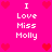 A bright pink background displays repeated white text "I Love Miss Molly" with red pixelated hearts scattered around.