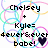 Pixelated text reads 'Chelsey + Kyle forever ever babe!' over colorful overlapping circles on white background.