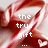 A red satin ribbon with pixelated text and small white hearts on a light gray background.