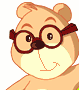 Pixelated cartoon bear with brown glasses, light brown fur, and a beige muzzle, showing two facial expressions side-by-side.