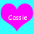 Two pink hearts on a cyan background with the name 'Cassie' in white pixelated text inside each heart.