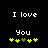 Black background with white pixelated text "I love You" and five yellow-green plus signs below, where the third sign changes from green to yellow between frames.