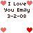 Pixelated text and heart icons arranged in a , with red hearts surrounding brown text reading "I Love You Emily 3-2-08" on white background