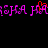 Pixelated text in purple and red on black background with a small red heart symbol above the central letter.