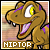 Brown dinosaur with purple stripes and yellow eyes, mouth open in a smile, standing against a light brown background with the word "HIPTOR" below.