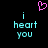 Pixelated cyan text 'i heart you' with a pink pixel-art heart above, on black background.