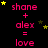 A black background displays pink text reading 'shane + alex = love' repeated four times with yellow stars scattered around, each instance showing different star positions.