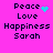 Pixelated text on bright pink background with cyan heart and dot animations near 'Peace' word.