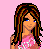Pixel art contact sheet showing three frames of a cartoon character in pink-themed outfit with text "pretty in pink" on pink background.