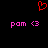 Red pixelated heart symbol above two identical pink text phrases 'pom <3' on black background.