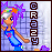 Pixel art character with purple hair and blue dress, standing beside vertical text reading 'ORAZY' on a -patterned background