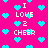 Pixelated icon with bright pink background, cyan hearts scattered throughout, and repeated white text "I LOVE 2 CHEER" in blocky font.