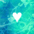six white heart shapes on a blue-green marbled background, with the hearts appearing to grow larger from top-left to bottom-right