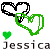 Green and black heart-shaped icons with small green hearts, each labeled "Jessica" in pixelated text across multiple