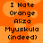 Pixelated text on orange background with soft circular highlights, displaying 'I Hate Orange Aliza Myuskula (indeed)' in black block letters.
