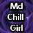 Purple swirling background with white text "Md Chill Girl" on black rectangular blocks, gray square in bottom right corner.