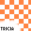 A static image with an orange and white checkered background displaying fragmented text fragments in a pixelated font.