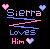 Pixelated icon with dark background displaying text 'Sierra Loves Him' and three heart symbols in pink and light blue.