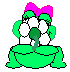 Green cartoon frog with pink bow holds white flower with yellow center, first frame shows flower partially covering face, second frame shows flower held lower with frog's face visible.