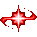 Four red pixelated starburst shapes with white centers arranged in a on gray background, each showing distinct motion trails