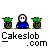 Pixel art buddy icon with blue-shirted character, green pineapple props, and 'Cakeslob.com' text, showing animation changes in facial expression and pose.