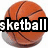 A pixelated orange basketball with visible seams appears on the left, while the right side shows a grayscale basketball hoop net with a black backboard, overlaid with white text reading 'sketballry sport' in a bold, blocky font.