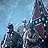 Three figures in dark uniforms with peaked caps stand against a light blue background, one figure holding a red and white flag.