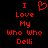 Red pixelated text and heart symbol on black background, with identical left and right sides displaying 'I Love My Who Who Delli' vertically.