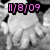 Pixelated grayscale image of a figure with arms raised, overlaid by pink digital text reading '11/8/09' on black background.