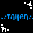 Pixelated blue text repeats 'taken' with white square-and-dot patterns on a black background, showing slight variations in pattern positions across frames.