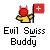 Pixelated icon shows a yellow figure with red horns holding a Swiss flag, below text reading 'Evil Swiss Buddy' in blocky font.