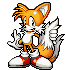 Six pixel-art poses of an orange fox with white accents, blue eyes, and red-and-white shoes against a gray background.