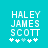 Pixelated text 'HALEY JAMES SCOTT' in white on cyan background with five asterisks below, two variations of asterisk coloration visible.