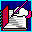 Pixelated animation of a red notebook with white pages, showing sequential page-turning and pen movement against dark blue background.