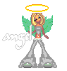 Pixelated angel figure with golden halo, green wings, and gray skirt stands against light gray background; white cursive text 'angel' appears left of the figure.