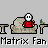 A 5x4 contact sheet of a pixel-art animated icon showing a white stick figure in red clothing sitting on a gray couch with a small table, displaying sequential dialogue frames about watching The Matrix for the 50th time.