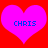 Two pink hearts on red background with blue text 'CHRIS' inside each heart, static image.