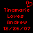Red pixelated text and a heart symbol on black background, with identical left and right sections displaying 'Tinamarie Loves Andrew 12/26/07'.