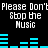 Pixelated text repeats 'Please Don't Stop the Music' with cyan audio equalizer bars on black background, animated in two identical cycles.
