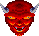 Two identical pixelated red devil heads with horns, orange eyes, and open mouths showing teeth against a gray background.