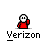 Pixelated red figure with white face and black eyes, holding hand to ear, under gray background with text bubbles and "Verizon" labels.