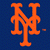 A pixelated orange 'NY' monogram on a dark blue background with subtle dot pattern, featuring overlapping serif letterforms and slight color bleeding at edges.