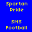 Blue background with yellow pixelated text arranged in two , repeating 'Spartan Pride' and 'SMS Football' in a pattern