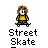 Pixel art animation of a character performing street skate tricks with orange cones, red fire hydrants, and white ramps against a white background.