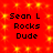 Red background with yellow star-like patterns and black text reading "Sean L Rocks Dude" in four identical sections.