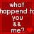Red square with white text 'what happend to you && me?' and heart symbols, arranged in a with varying heart counts