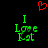 A pixelated green text phrase "I Love Est" with a red heart symbol above it on black background.